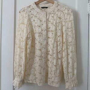 Cream Lace Blouse Jacket with Button Front/Cotton Blend/Size S : boho, prairie